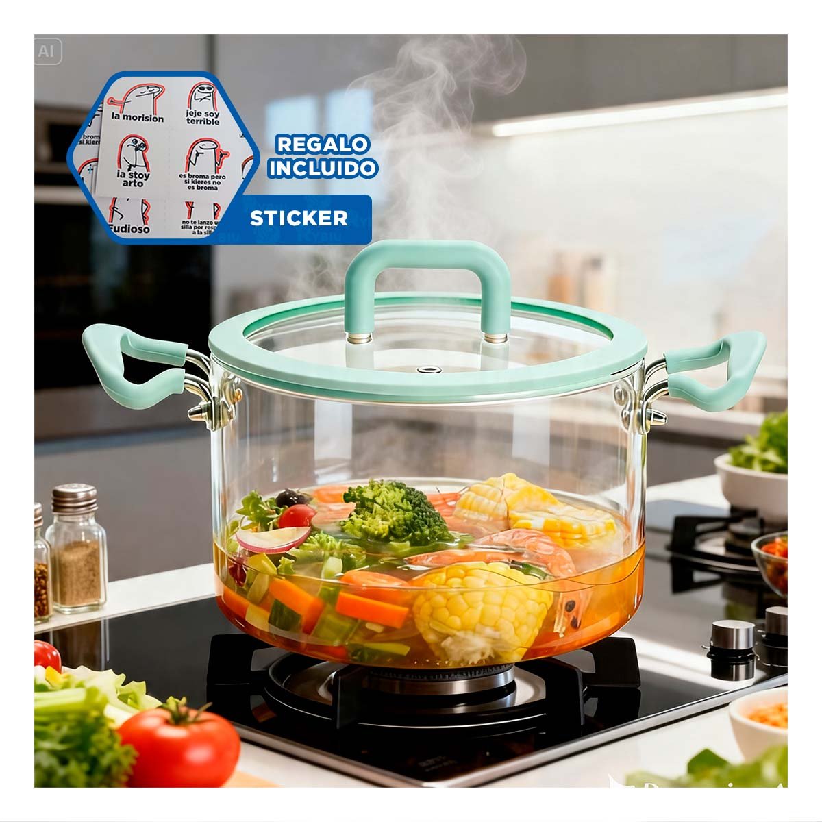 CAZUELA DE BOROSILICATO CON ASA CIRCULAR 4,5L Y TAPA VERDE AGUA Y TRANSPARENTE Y REGALO STICKER - 1