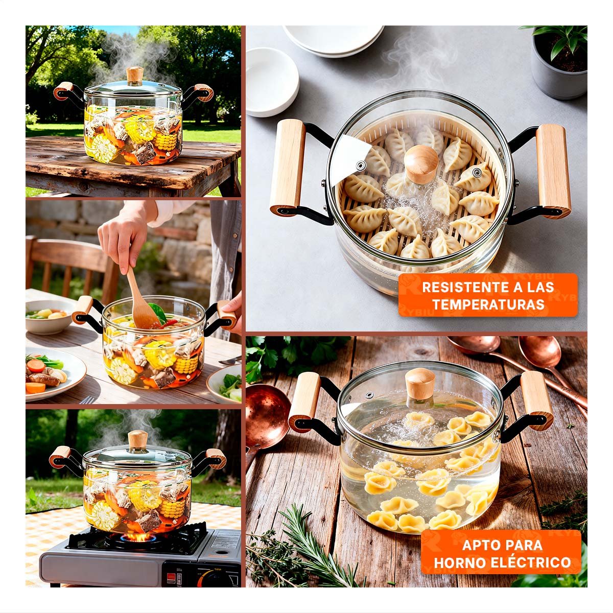 OLLA CIRCULAR CON TAPA TRANSPARENTE DE BOROSILICATO 4,5L Y ASA DE MADERA Y STICKY - 1