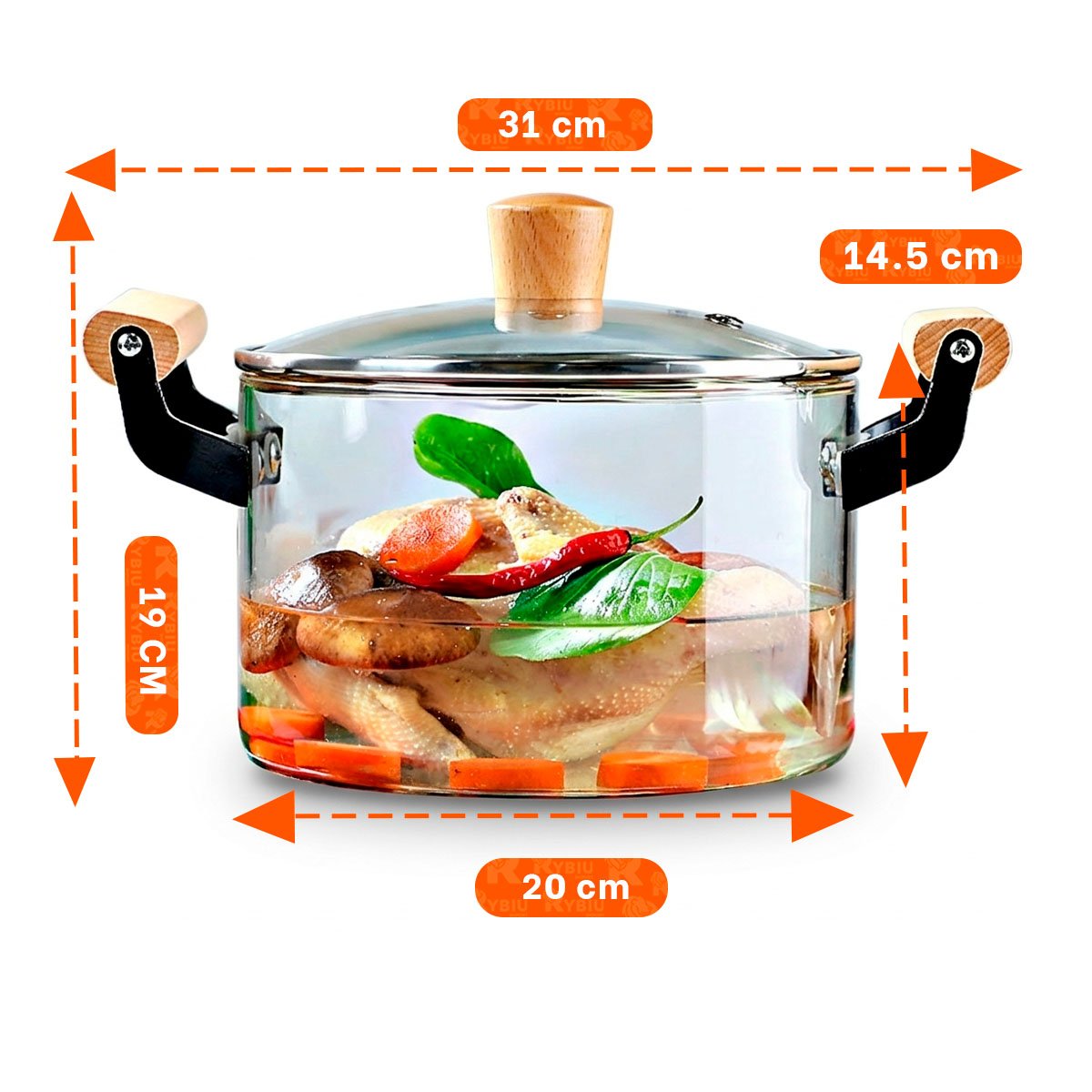 OLLA CIRCULAR CON TAPA TRANSPARENTE DE BOROSILICATO 4,5L Y ASA DE MADERA Y STICKY - 4