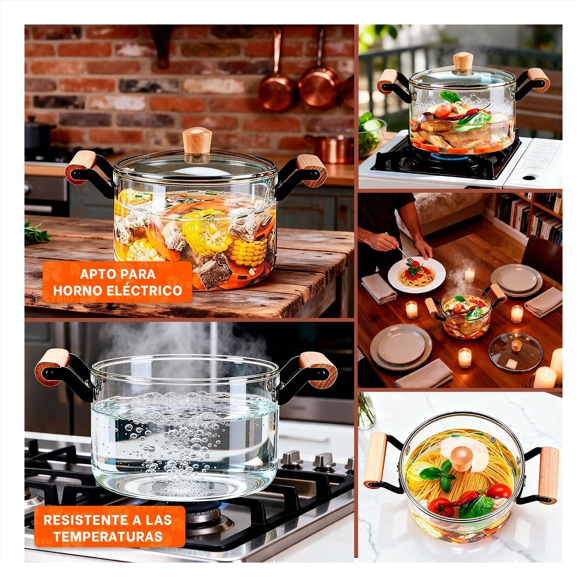 OLLA CIRCULAR CON TAPA TRANSPARENTE DE BOROSILICATO 4,5L Y ASA DE MADERA Y STICKY - 5