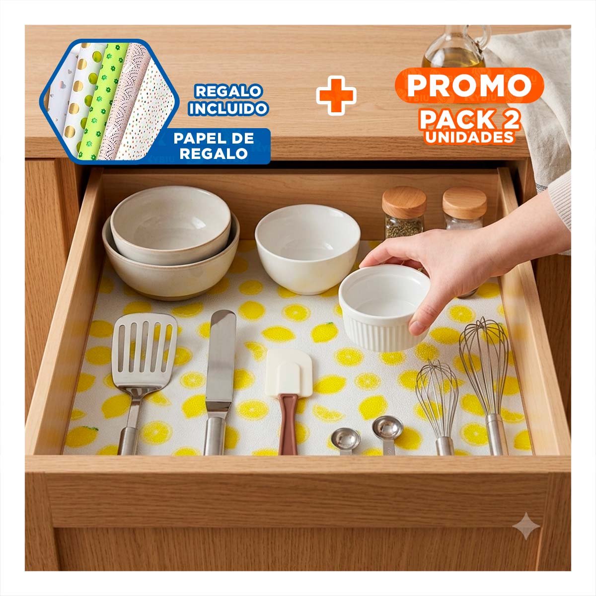 PACK2 ALFOMBRA BLANCO TRANSLUCIDO CON LIMONES PARA COCINA ANTIDESLIZANTE YPAPEL REGALO - 1