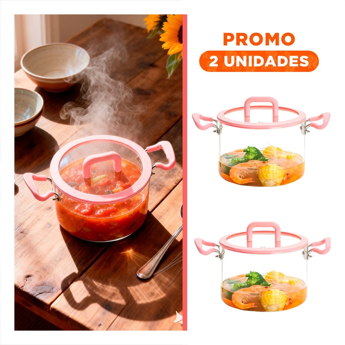 PACK2 CACEROLA DE BOROSILICATO ROSADO Y TRANSPARENTE 4,5L CON TAPA CIRCULAR Y ASA - 1