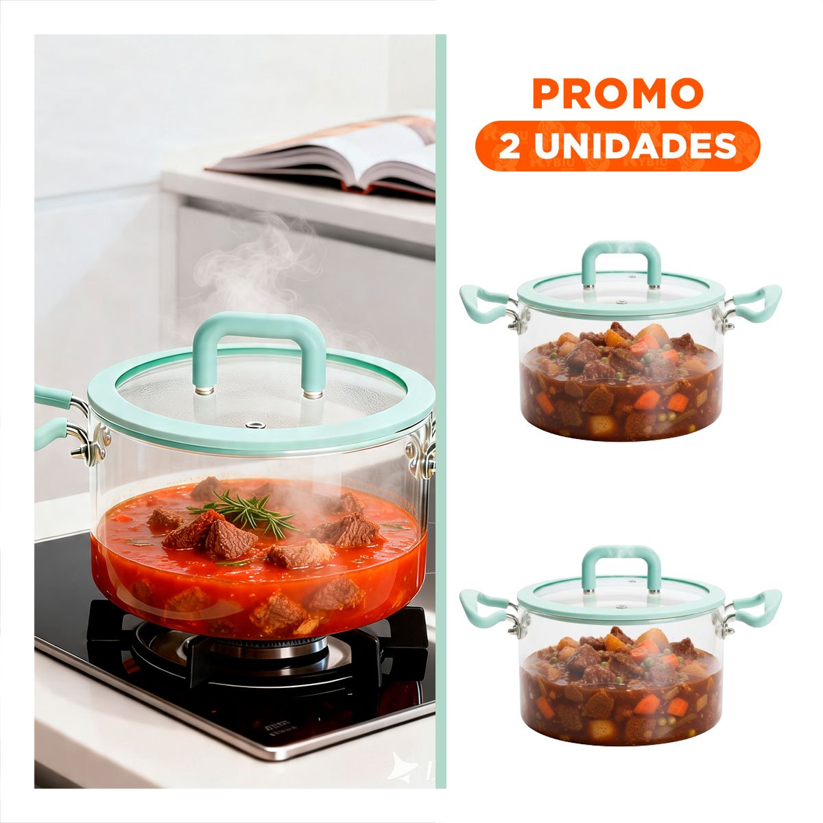 PACK2 CACEROLA DE BOROSILICATO VERDE AGUA Y TRANSPARENTE 4,5L CON TAPA CIRCULAR Y ASA - 1
