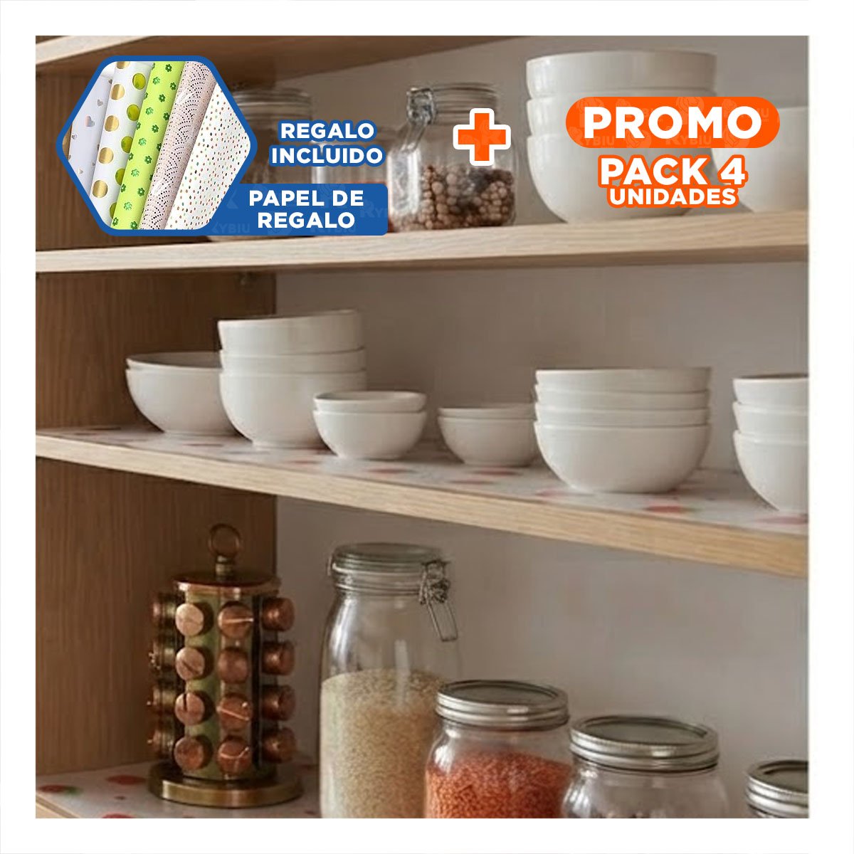 PACK4 TAPETE CON FRESAS PARA COCINA BLANCO TRANSLUCIDO ANTIDESLIZANTE 150X45CM YPAPEL REGALO - 1