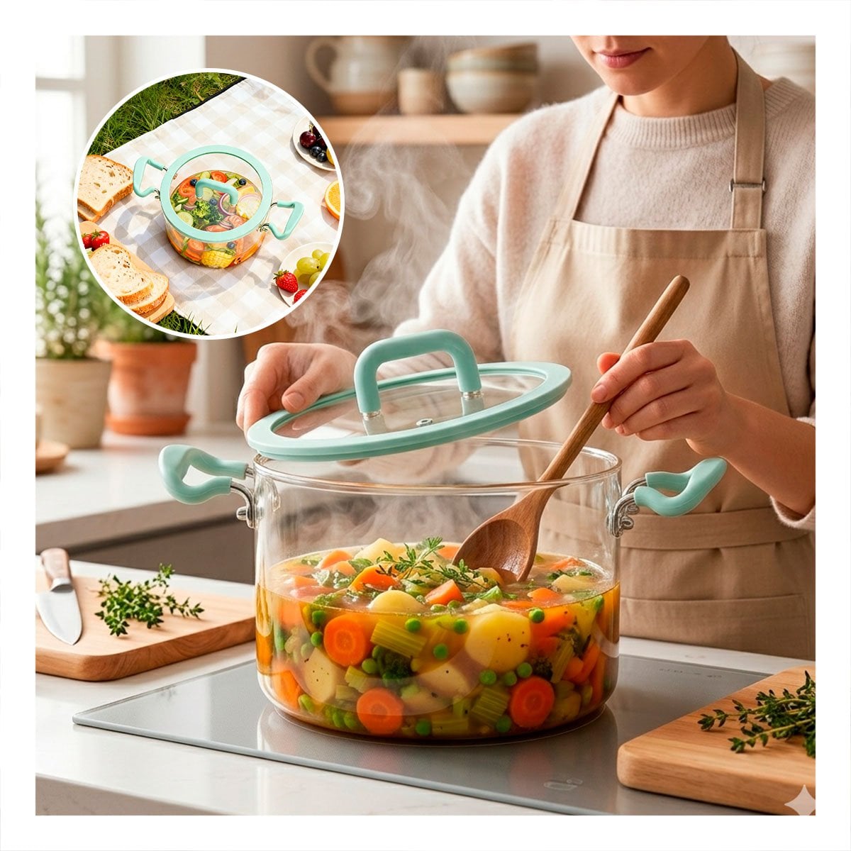 PACK2 CAZUELA PARA COCINA CON TAPA VERDE AGUA Y TRANSPARENTE ASA Y BOROSILICATO YPAPEL REGALO - 5