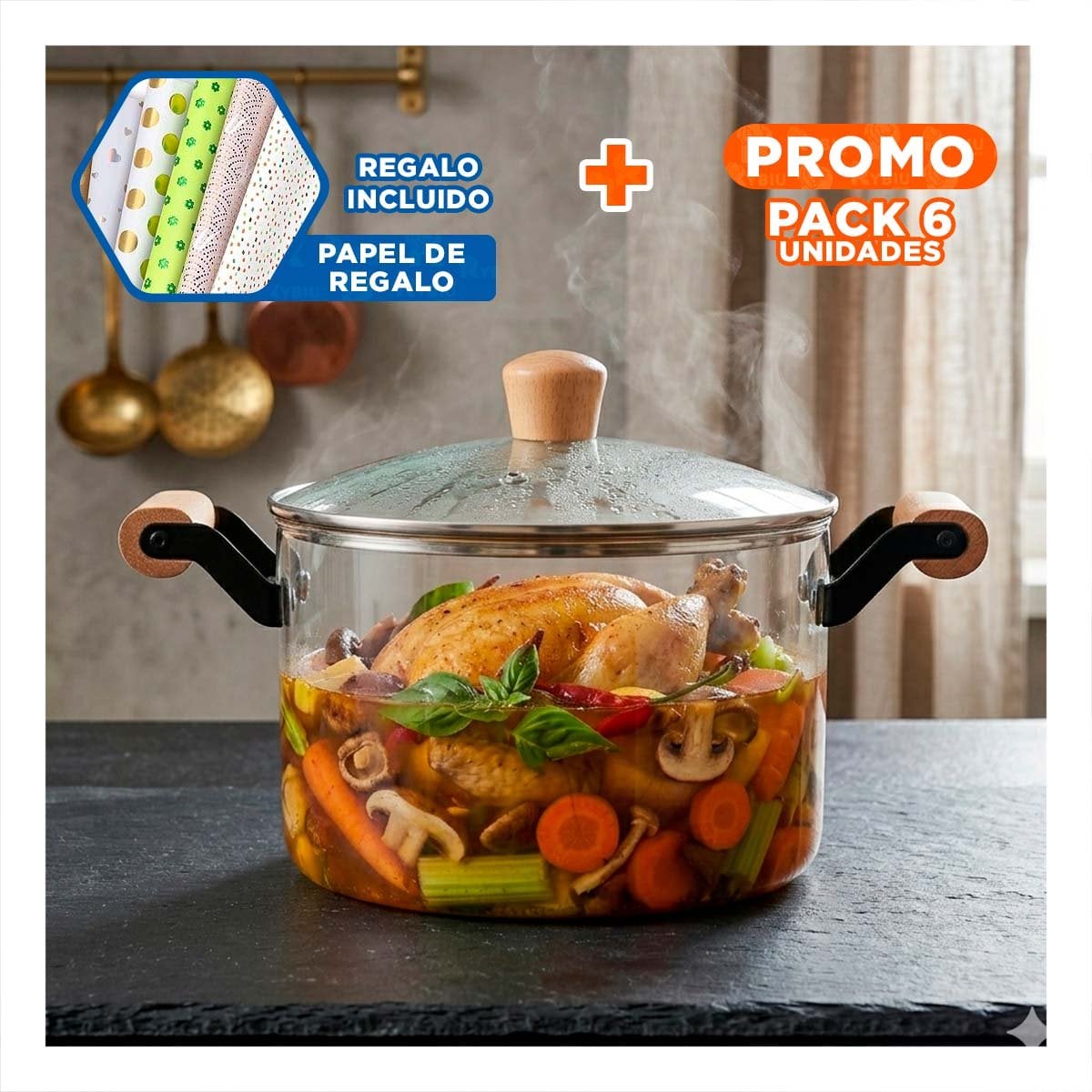 PACK6 CACEROLA CON ASA DE MADERA CIRCULAR Y BOROSILICATO TRANSPARENTE 4,5L YPAPEL REGALO - 1