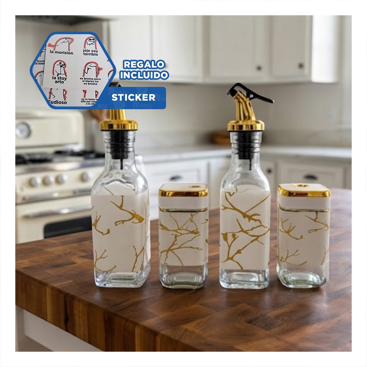 PACK PORTA SAZONADORES CON BASE DIS MARMOL BLANCO PARA COMEDOR Y REGALO STICKER - 1