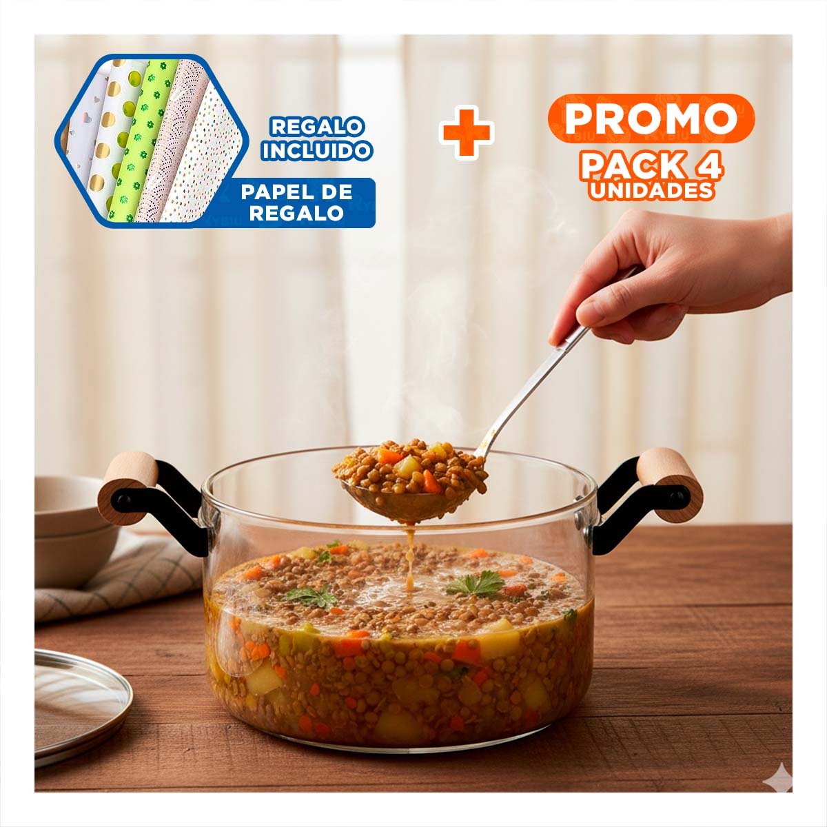 PACK4 CACEROLA CIRCULAR DE BOROSILICATO CON ASA DE MADERA 4,5L Y TAPA YPAPEL REGALO - 1