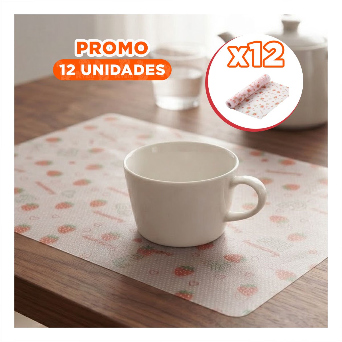 PACK12 ALFOMBRA DE COCINA CON FRESAS BLANCO TRANSLUCIDO ANTIDESLIZANTE 150X45CM - 1