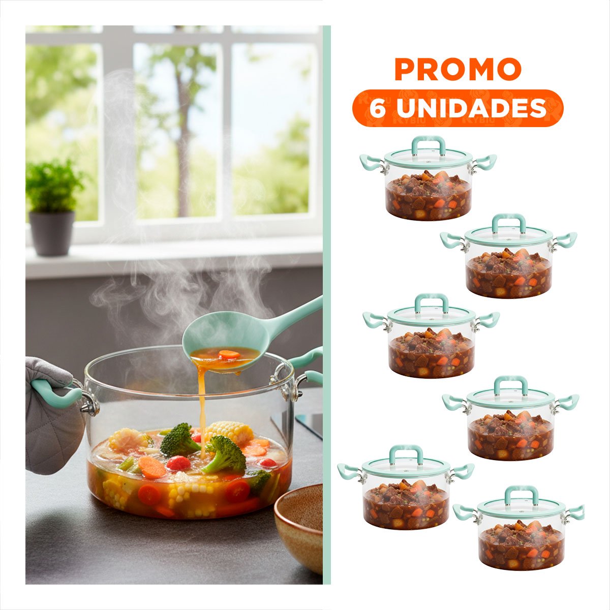 PACK6 OLLA PARA COCINA DE BOROSILICATO VERDE AGUA Y TRANSPARENTE CON ASA 4,5L Y TAPA - 1