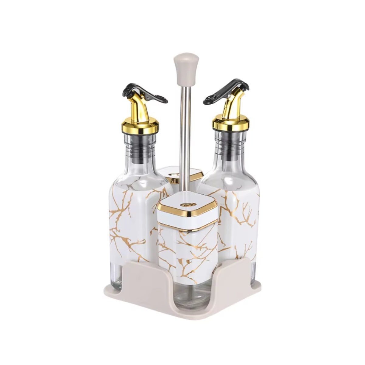 KIT CONDIMENTEROS PARA COCINA CON BASE DIS MARMOL BLANCO Y FRASCOS Y PAPEL REGALO - 1