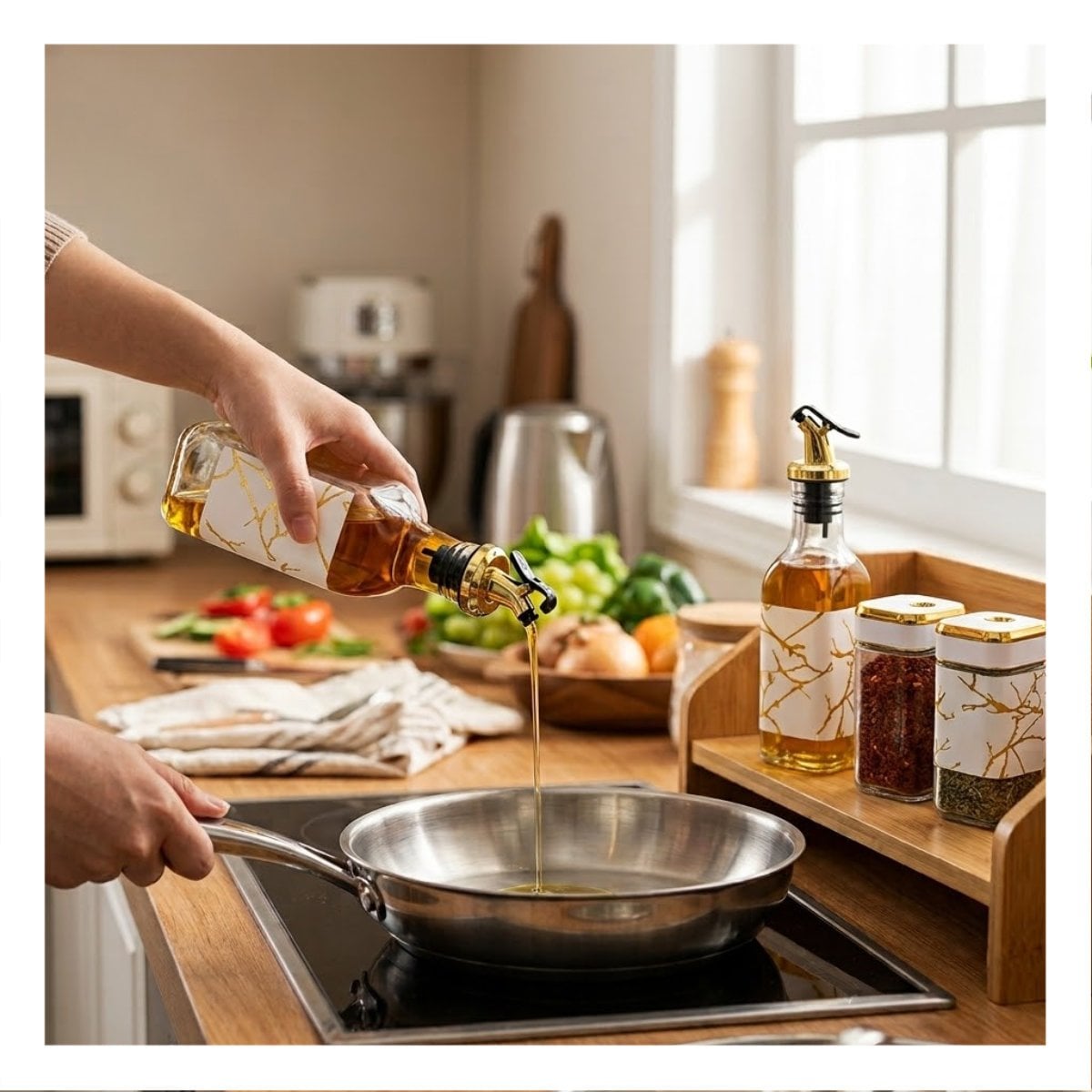 KIT CONDIMENTEROS PARA COCINA CON BASE DIS MARMOL BLANCO Y FRASCOS Y PAPEL REGALO - 3