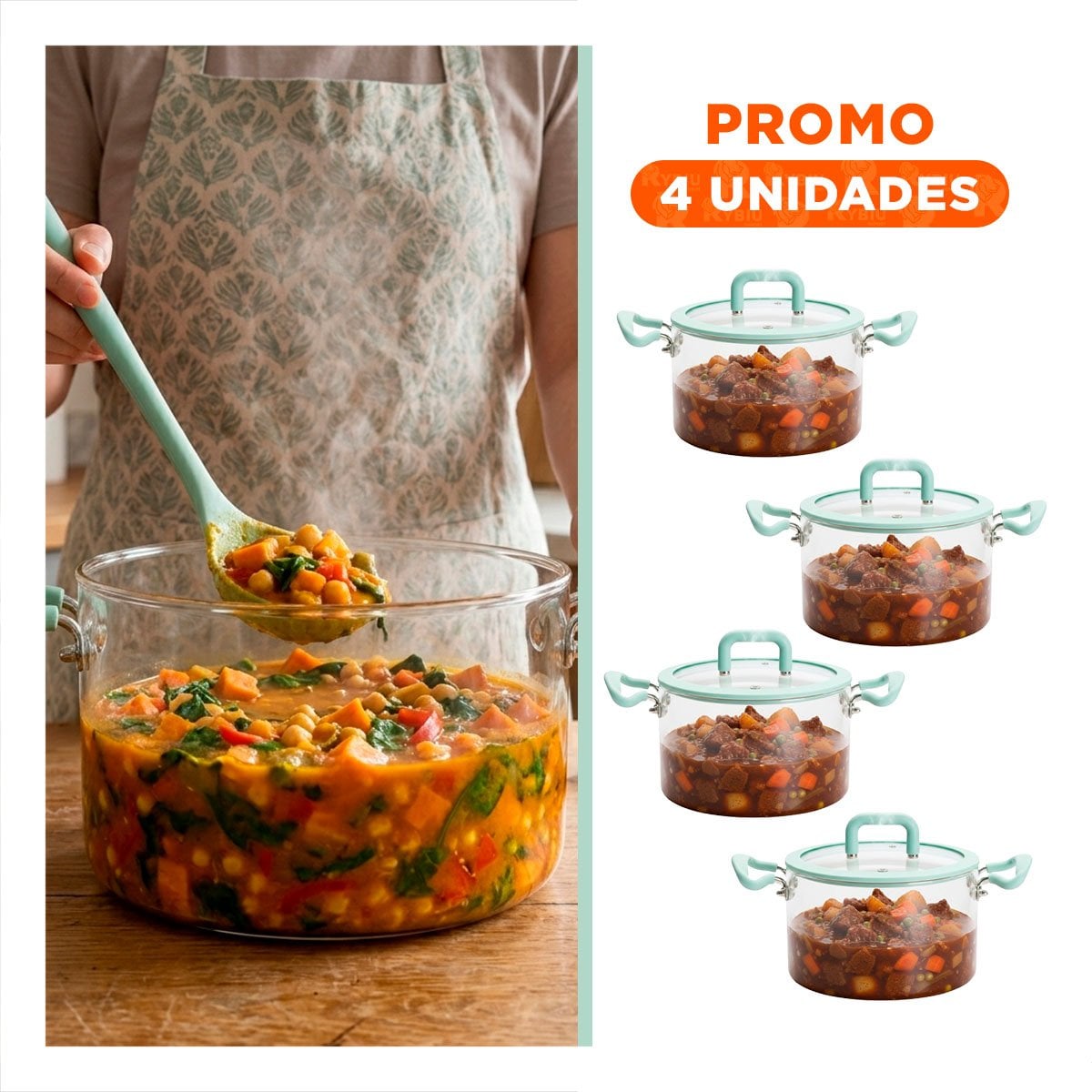 PACK4 CAZUELA VERDE AGUA Y TRANSPARENTE 4,5L DE CON TAPA CIRCULAR Y ASA YREGALO STICKER - 1