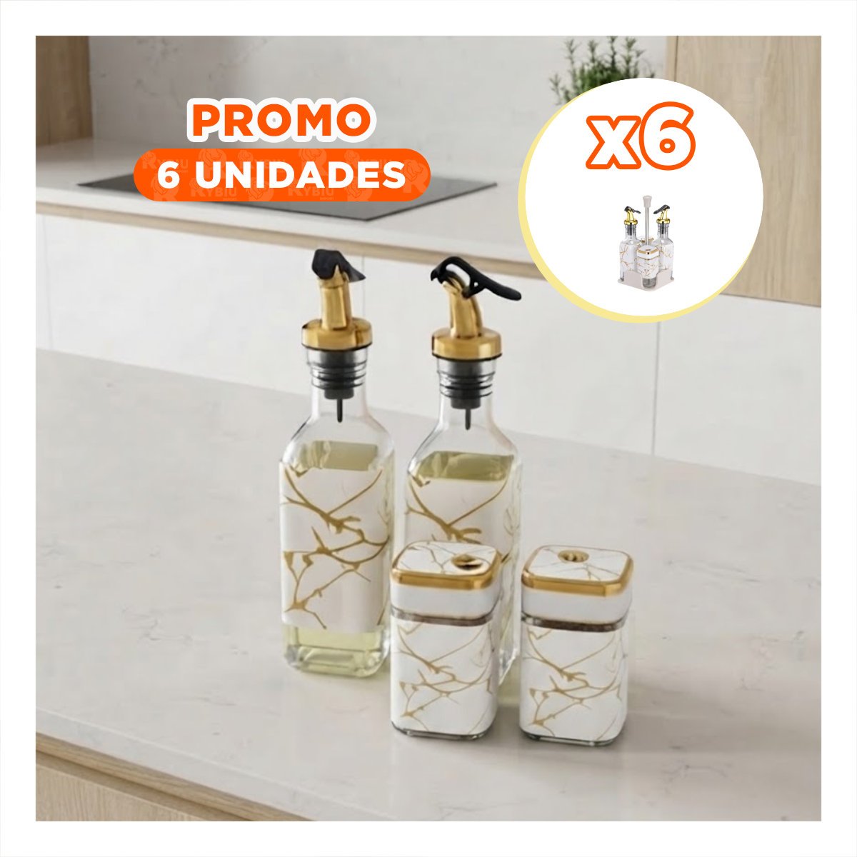 PACK6 KIT ESTACION PARA CONDIMENTOS CON BASE DIS MARMOL BLANCO YREGALO STICKER - 1