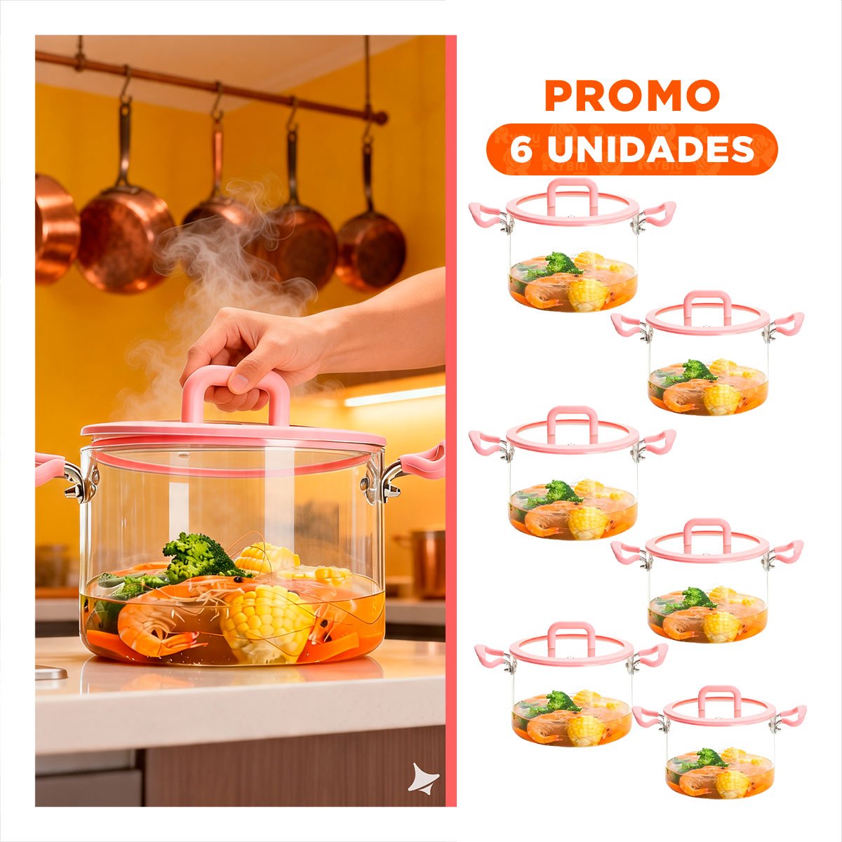PACK6 OLLA PARA COCINA DE BOROSILICATO ROSADO Y TRANSPARENTE CON ASA 4,5L Y TAPA - 1