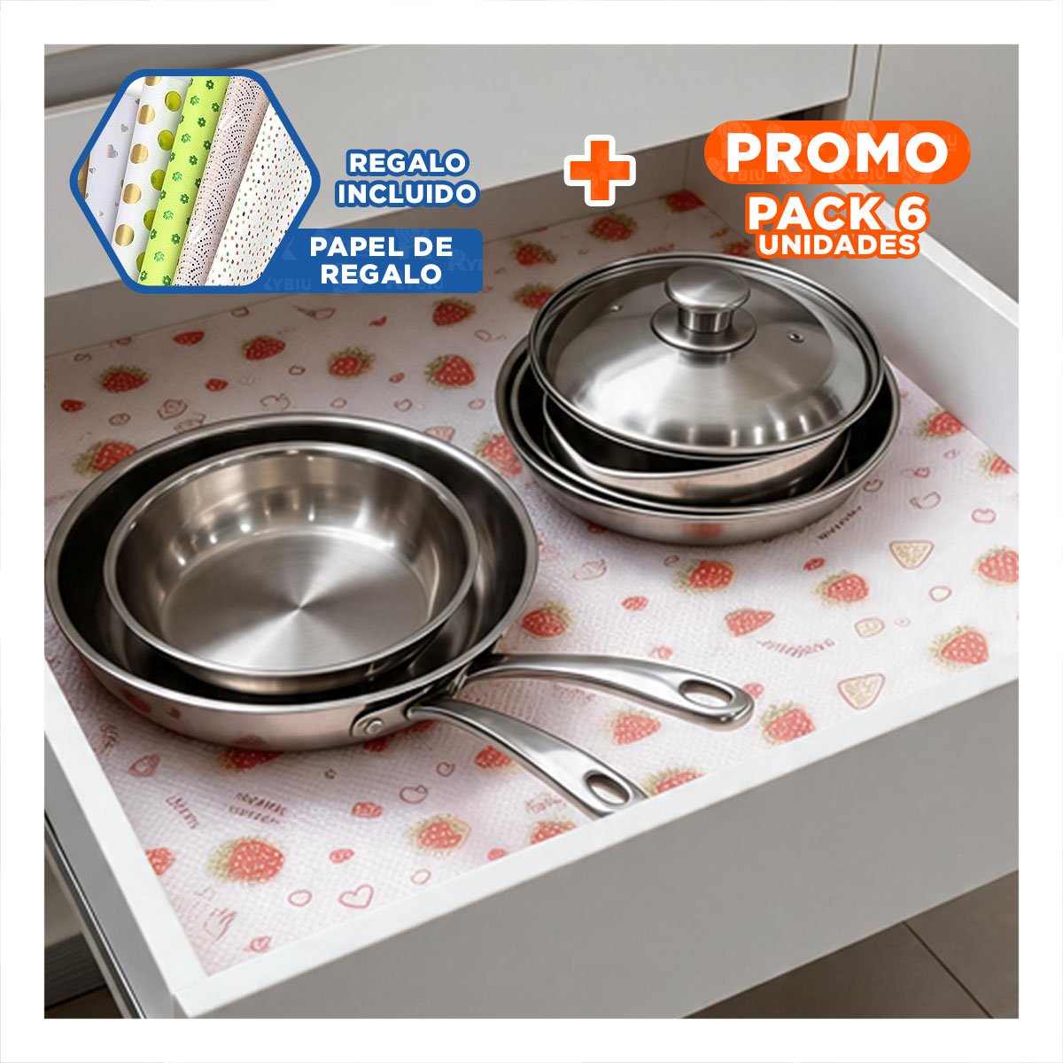 PACK6 ALFOMBRILLA PARA ENCIMERA DE COCINA FRESAS BLANCO TRANSLUCIDO YPAPEL REGALO - 1