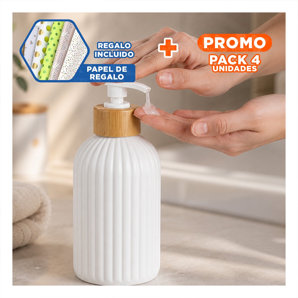PACK4 DOSIFICADOR PARA LOCION DE MANOS CILINDRO CON RAYAS 7X19CM YPAPEL REGALO - 1