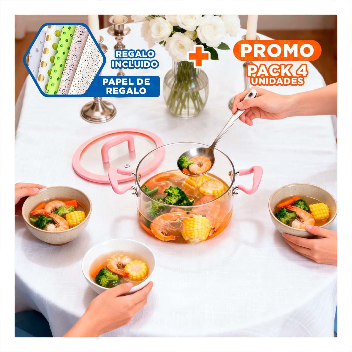 PACK4 CACEROLA CIRCULAR DE BOROSILICATO CON ASA 4,5L Y TAPA YPAPEL REGALO - 1