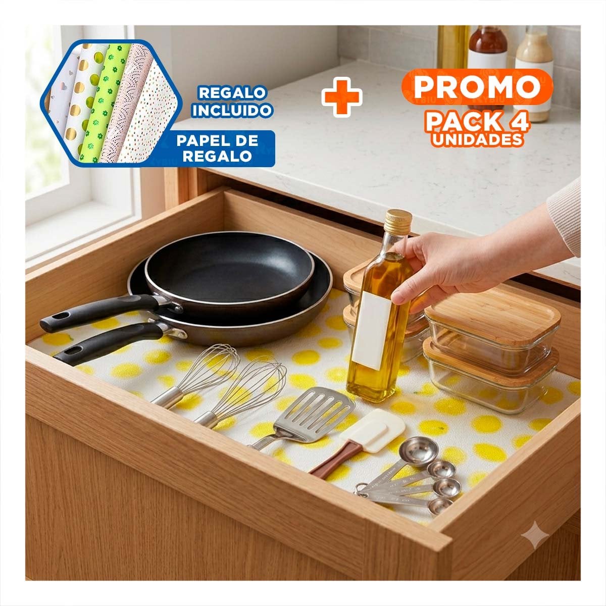 PACK4 TAPETE CON LIMONES PARA COCINA BLANCO TRANSLUCIDO ANTIDESLIZANTE 150X45CM YPAPEL REGALO - 1
