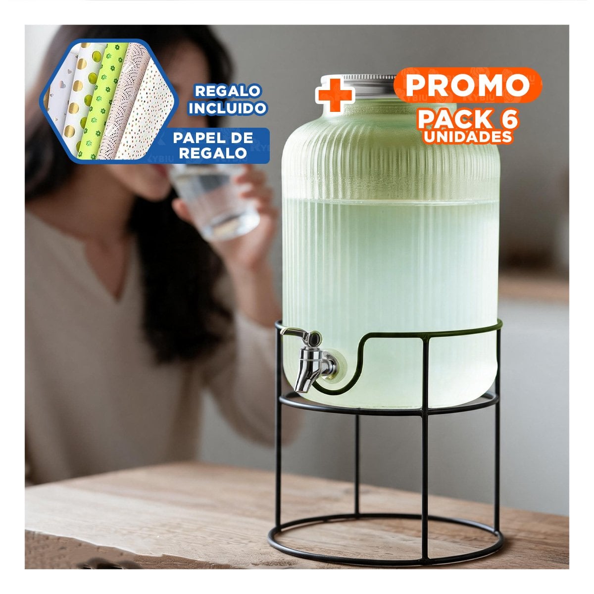PACK6 DISPENSADOR CON ESTRUCTURA CIRCULAR METALICA PARA BEBIDAS 8L YPAPEL REGALO - 1
