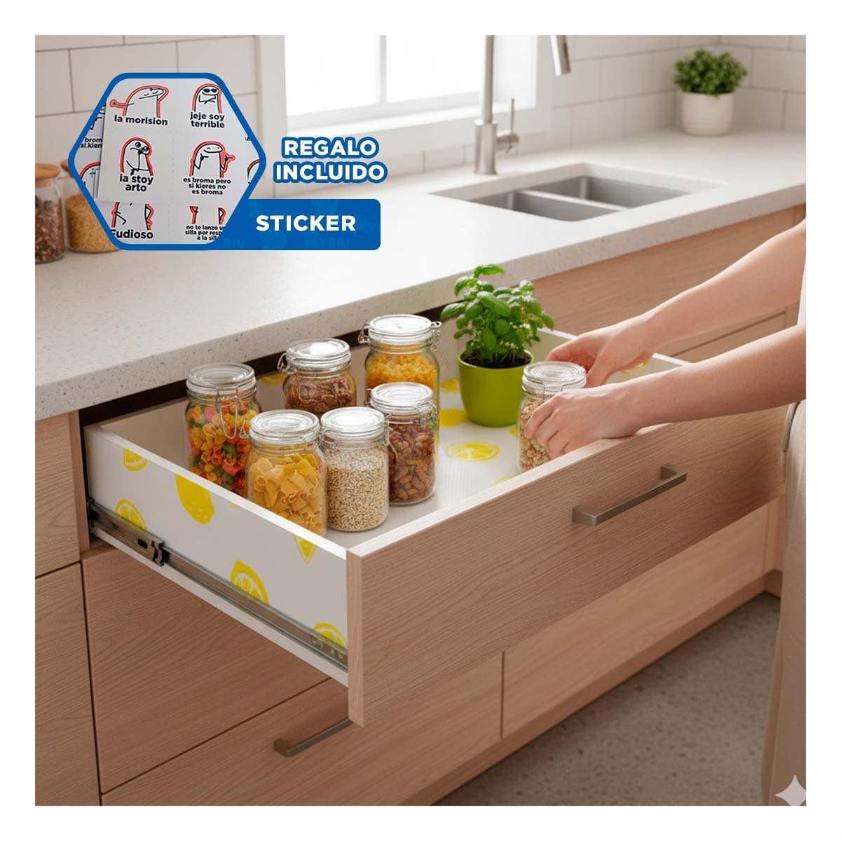 ALFOMBRA PARA COCINA ANTIDESLIZANTE LIMONES BLANCO TRANSLUCIDO 150X45CM Y REGALO STICKER - 1