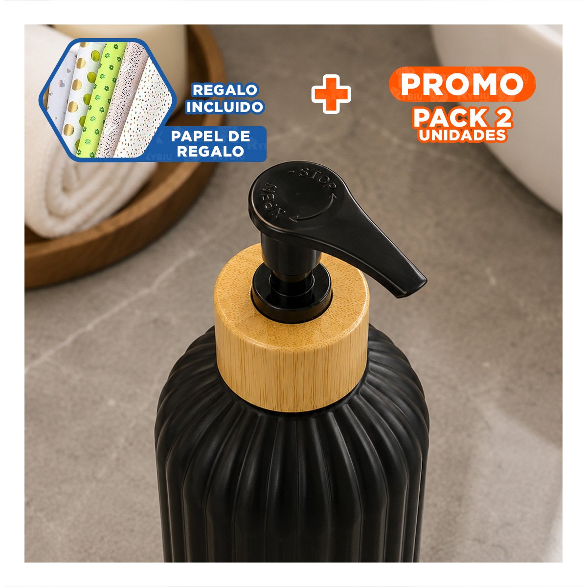 PACK2 DOSIFICADOR PARA GEL ANTIBACTERIAL CILINDRO COLOR NEGRO 7X19CM YPAPEL REGALO - 1