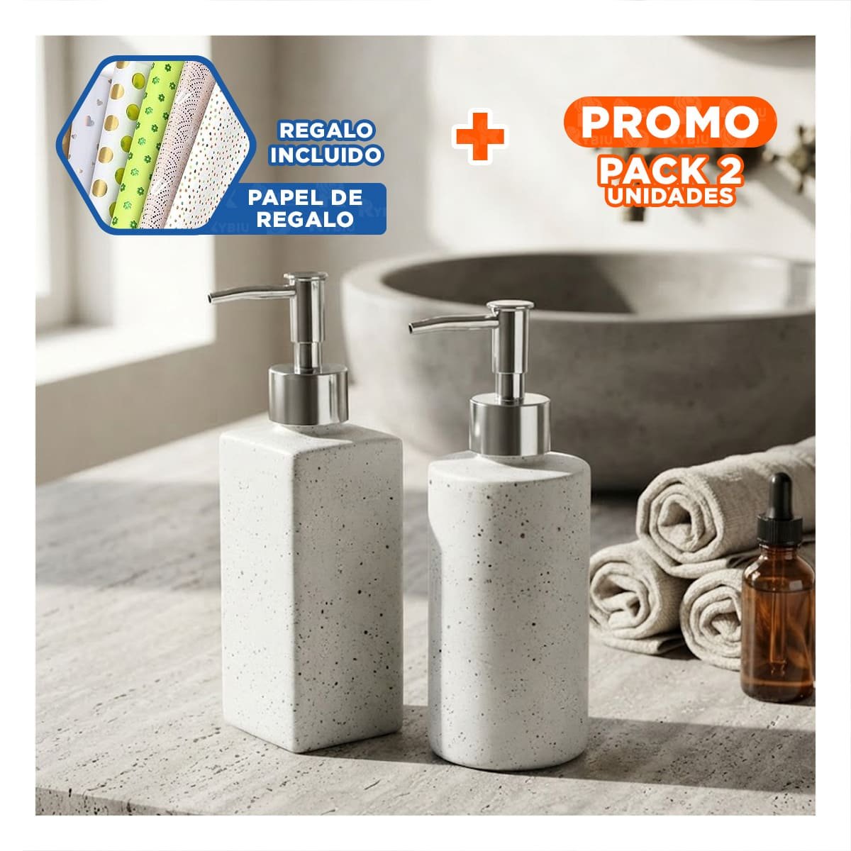 PACK2 KIT 2 DOSIFICADOR PARA GEL ANTIBACTERIAL COLOR BLANCO YPAPEL REGALO - 1