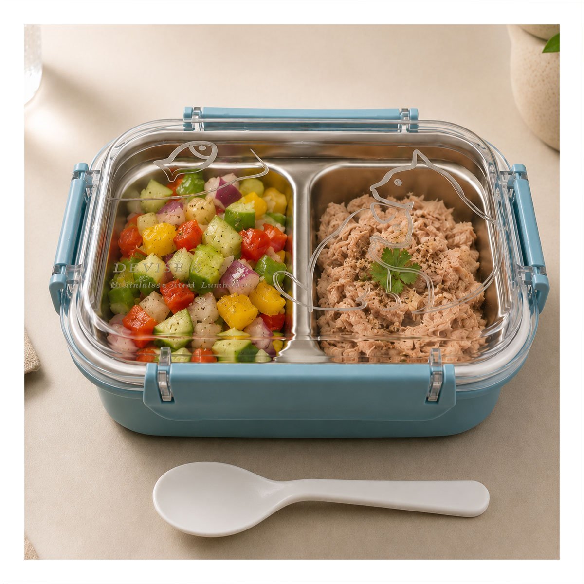 TAPER CON CUBIERTO PEZ CAT CELESTE RECTANGULAR DE 2 NIVELES PARA ALIMENTOS - 1
