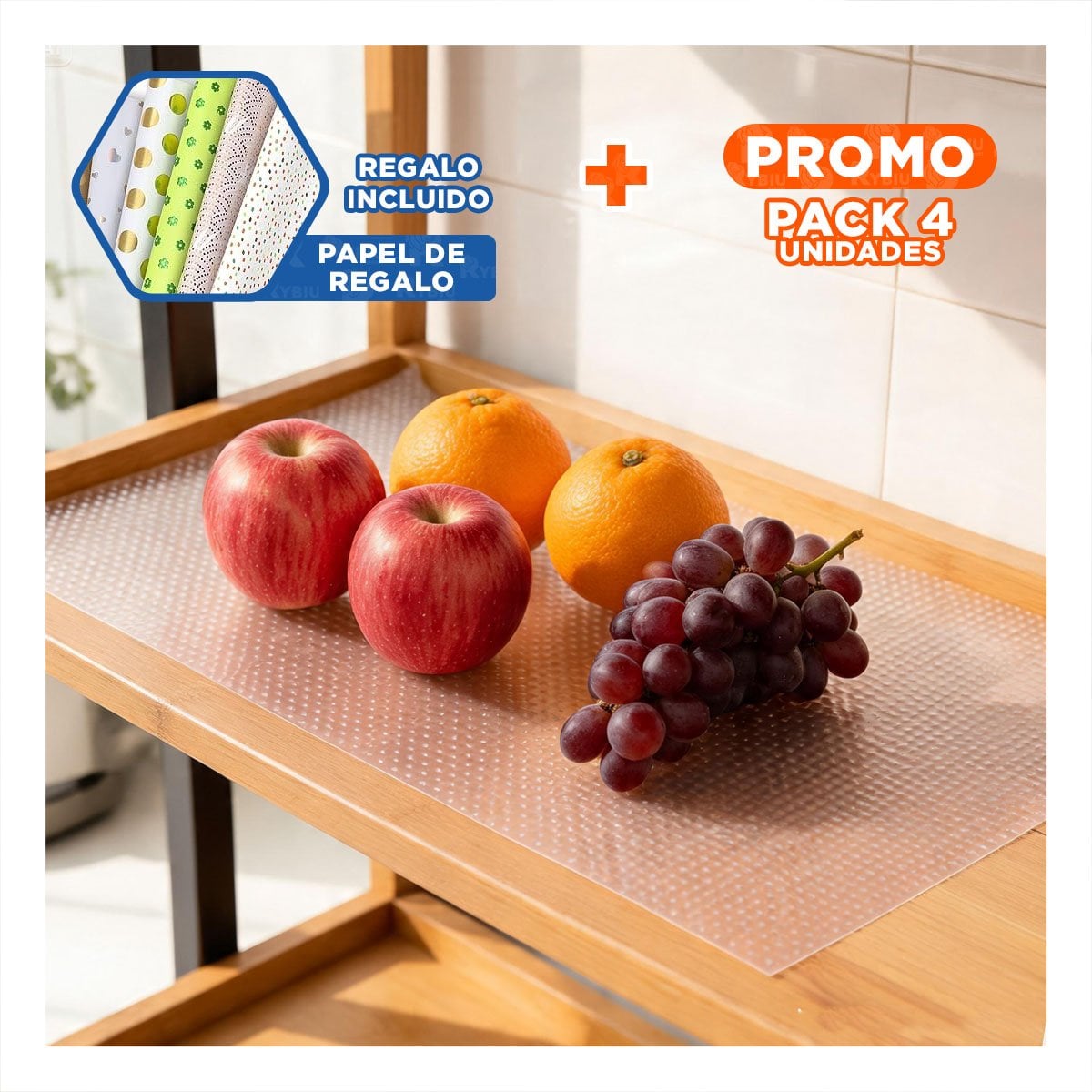 PACK4 TAPETE CON PARA COCINA BLANCO TRANSLUCIDO ANTIDESLIZANTE 150X45CM YPAPEL REGALO - 1