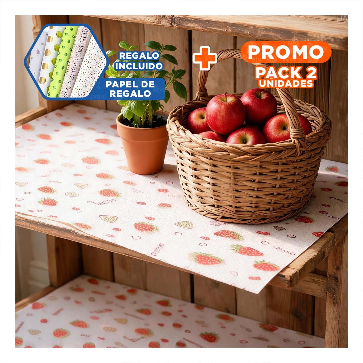 PACK2 ALFOMBRA BLANCO TRANSLUCIDO CON FRESAS PARA COCINA ANTIDESLIZANTE YPAPEL REGALO - 1