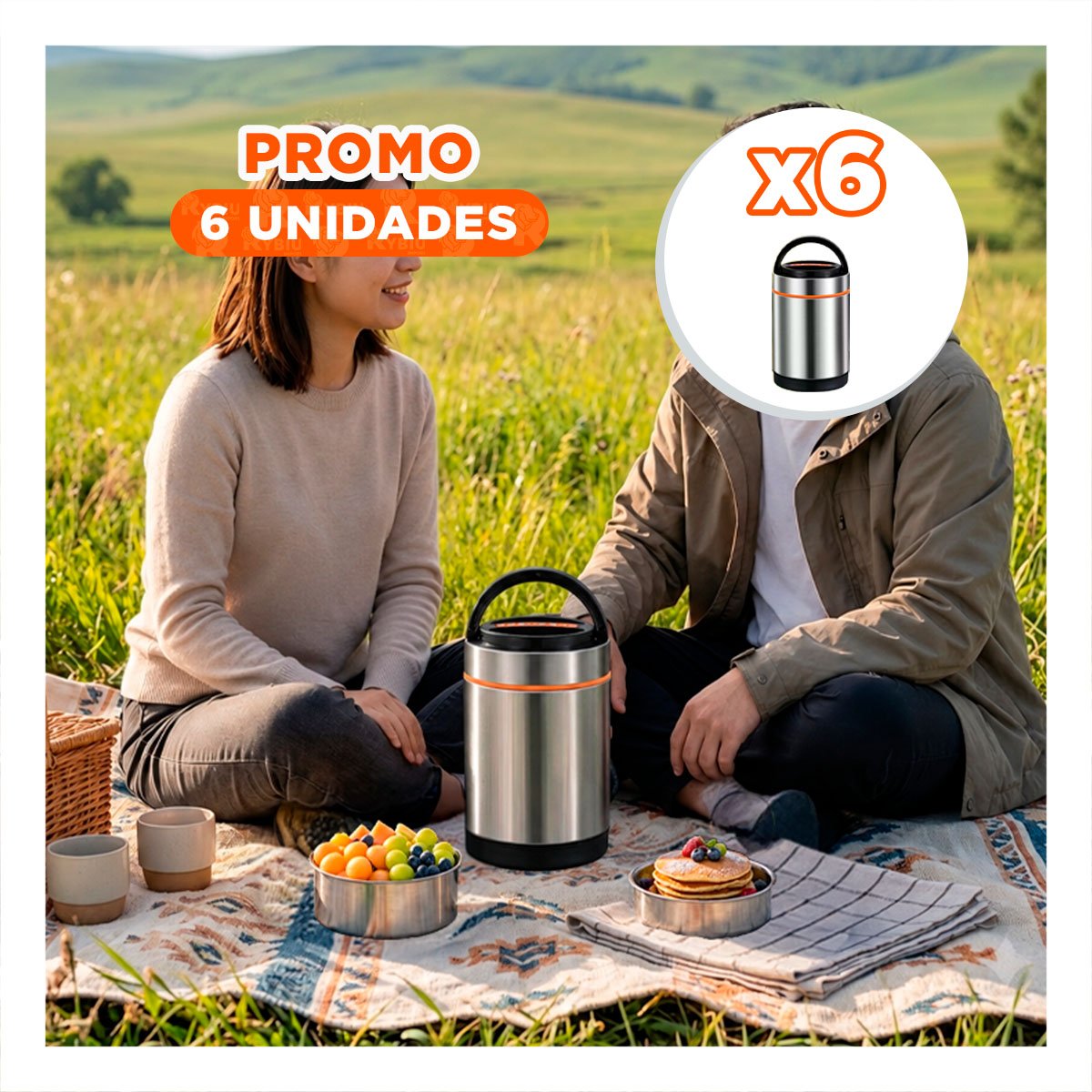 PACK6 ENVASE PORTATIL PARA TRANSPORTE DIARIO 1400ML PLATEADO Y NARANJA YREGALO STICKER - 1