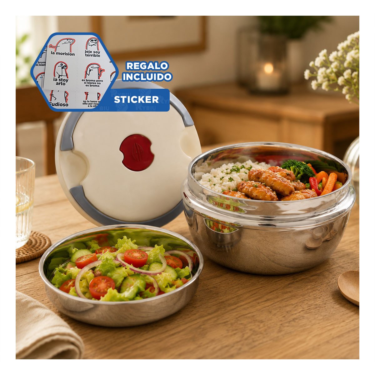 ENVASE PARA TRANSPORTE DE ALMUERZOS 1200ML CON ACABADO COLOR BLANCO YREGALO STICKER - 1