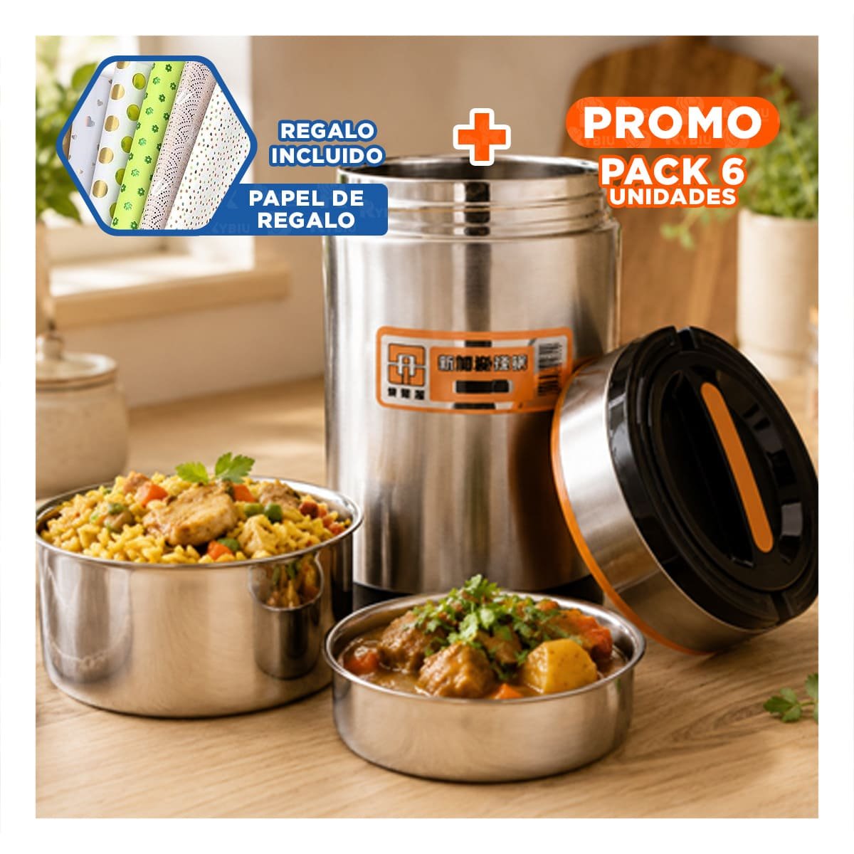 PACK6 TAPER DE CONSERVACION TERMICA 1400ML COLOR NARANJA CON DETALLES PLATEADOS YPAPEL REGALO - 1