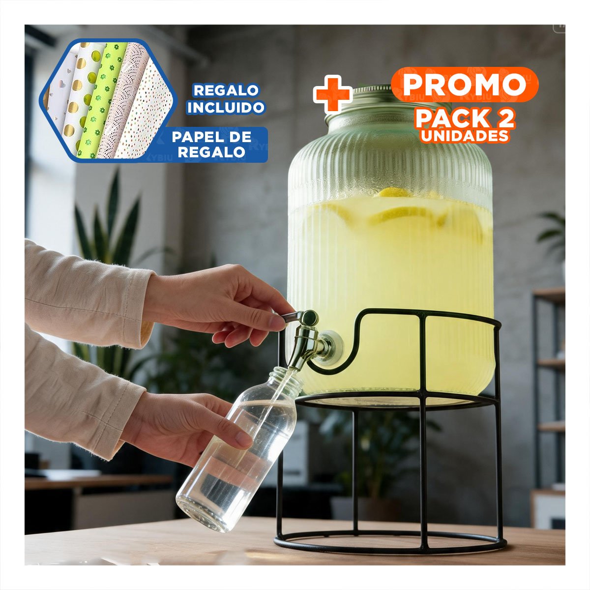 PACK2 CONTENEDOR DE BEBIDAS 8L CON ESTRUCTURA METALICA Y DISEÑO PRACTICO YPAPEL REGALO - 1