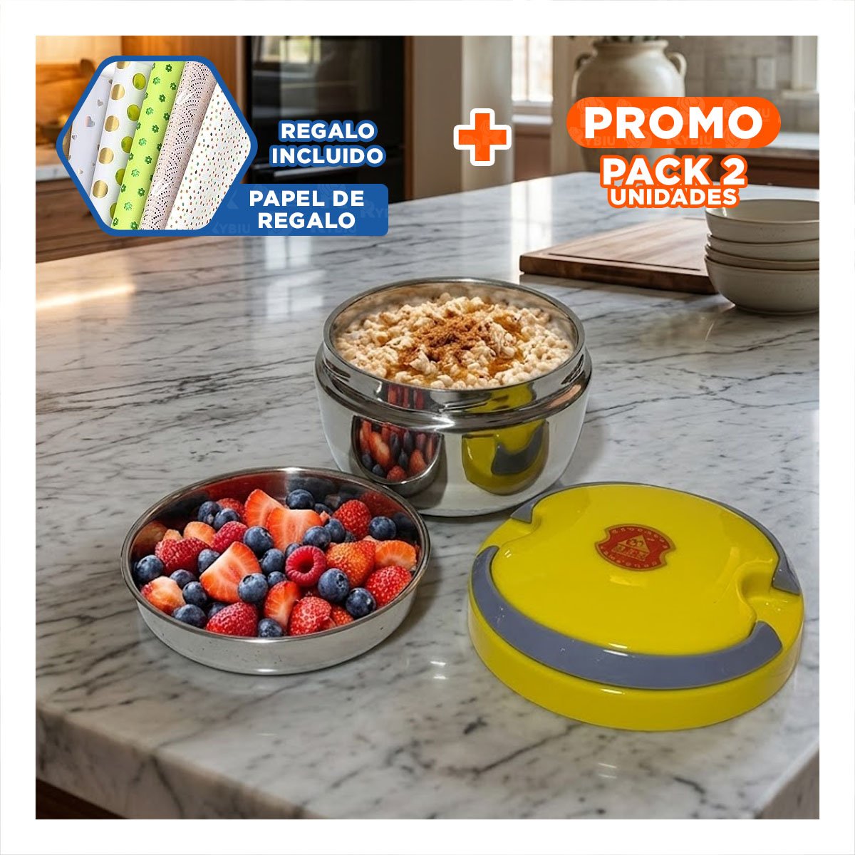 PACK2 ENVASE TERMICO PARA COMIDAS PREPARADAS COLOR AMARILLO DE 1200ML YPAPEL REGALO - 1