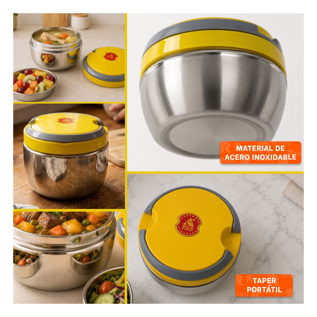 PACK2 ENVASE TERMICO PARA COMIDAS PREPARADAS COLOR AMARILLO DE 1200ML YPAPEL REGALO - 3