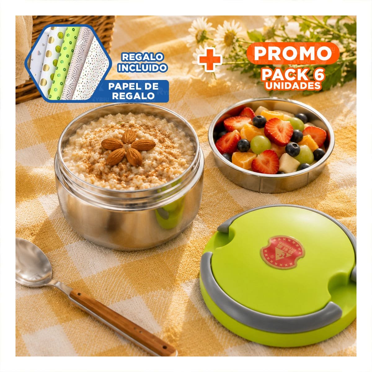 PACK6 TAPER PARA COMIDAS Y BEBIDAS 1200ML CON DISENO CIRCULAR COLOR VERDE YPAPEL REGALO - 1