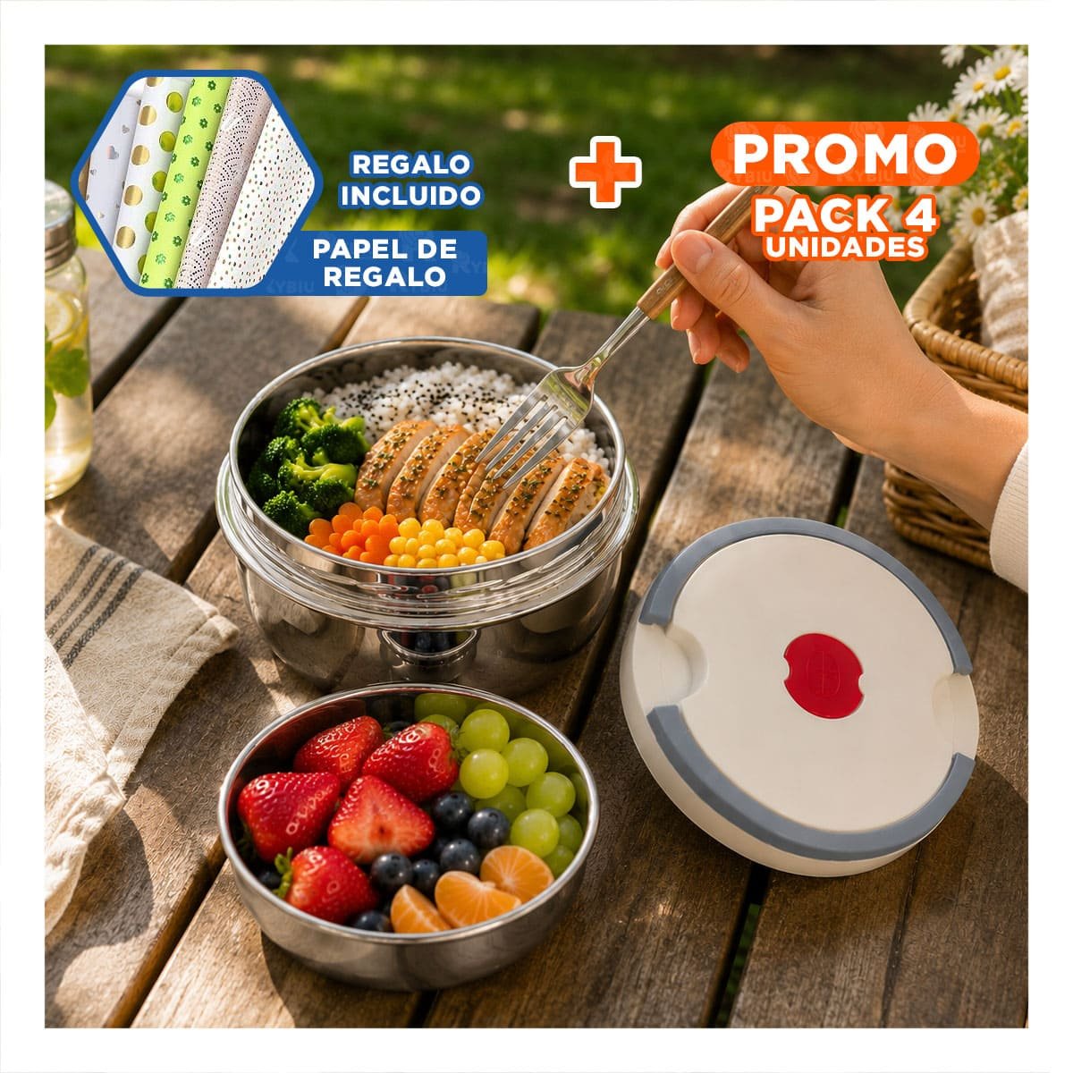 PACK4 RECIPIENTE COLOR BLANCO PARA TRANSPORTE SEGURO DE COMIDAS 1200ML YPAPEL REGALO - 1