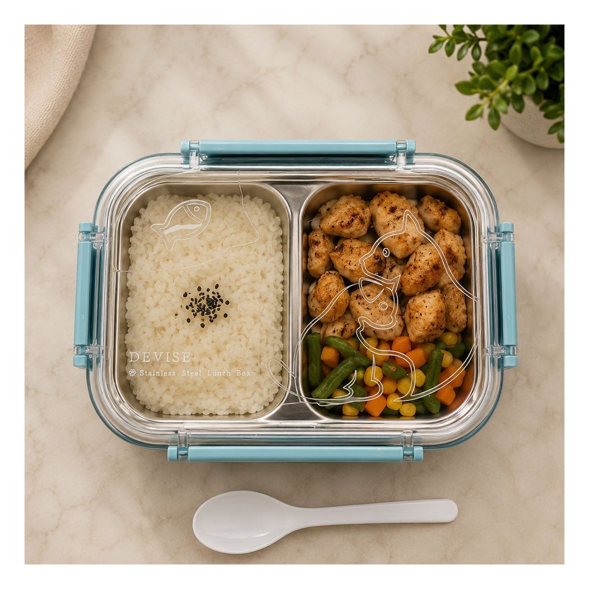 LONCHERA PARA ALIMENTOS RECTANGULAR CON CUBIERTO PEZ CAT CELESTE 2 NIVELES Y LIGAS REGALO - 1