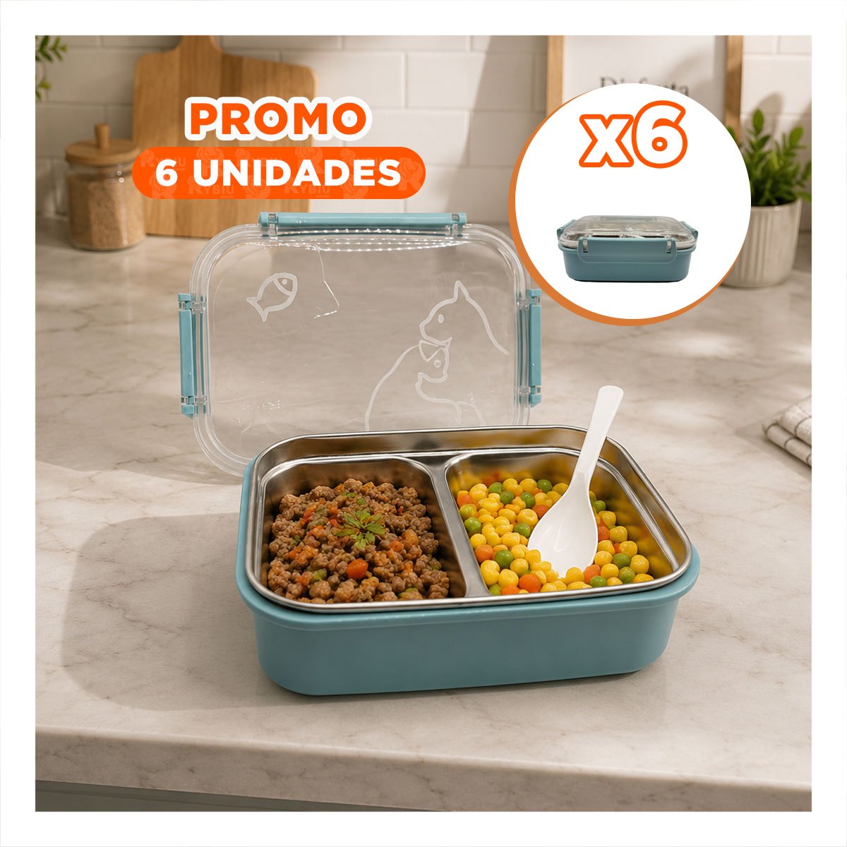PACK6 RECIPIENTE CON CUBIERTO PARA ALIMENTOS RECTANGULAR PEZ CAT 2 NIVELES YREGALO STICKER - 1