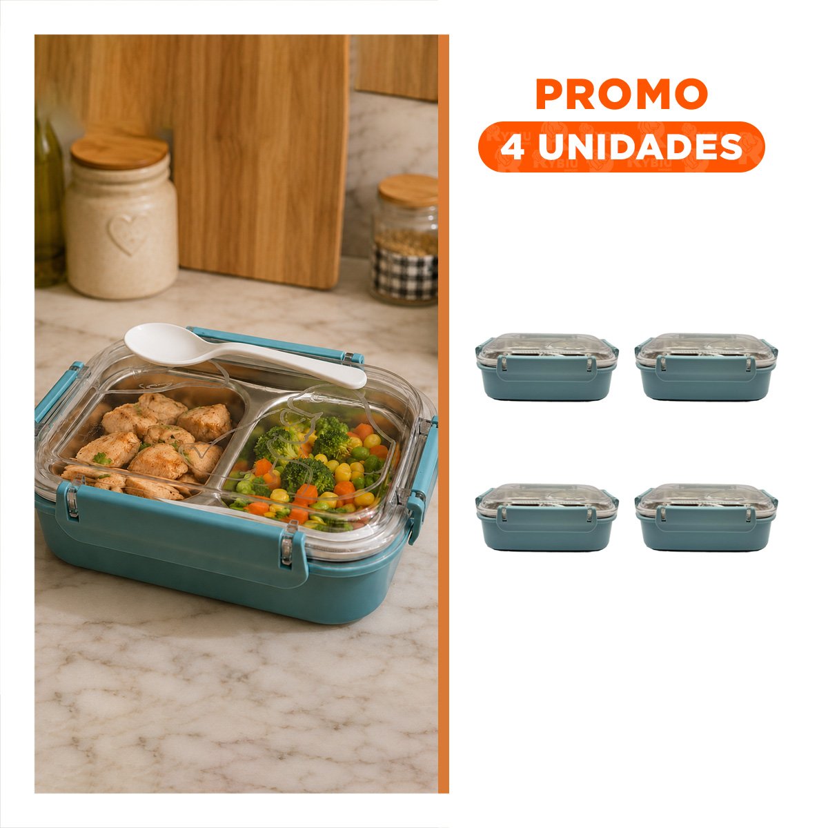 PACK4 ENVASE PARA COMIDAS CON CUBIERTO RECTANGULAR PEZ CAT CELESTE 2 NIVELES YREGALO STICKER - 1