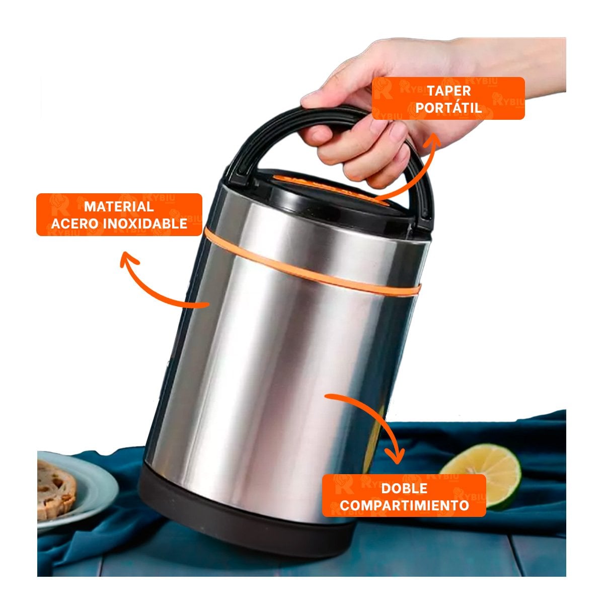 TAPER PARA TRANSPORTE DE COMIDAS 1400ML PLATEADO CON DETALLES COLOR NARANJA - 3