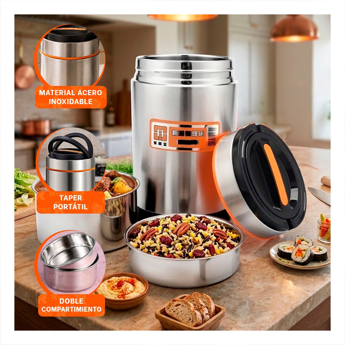 TAPER PARA TRANSPORTE DE COMIDAS 1400ML PLATEADO CON DETALLES COLOR NARANJA - 5