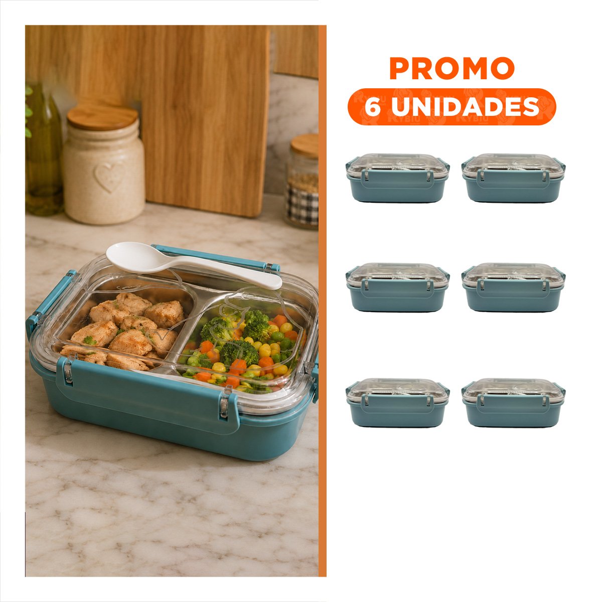 PACK6 LONCHERA DE 2 NIVELES CON CUBIERTO PEZ CAT CELESTE RECTANGULAR - 1