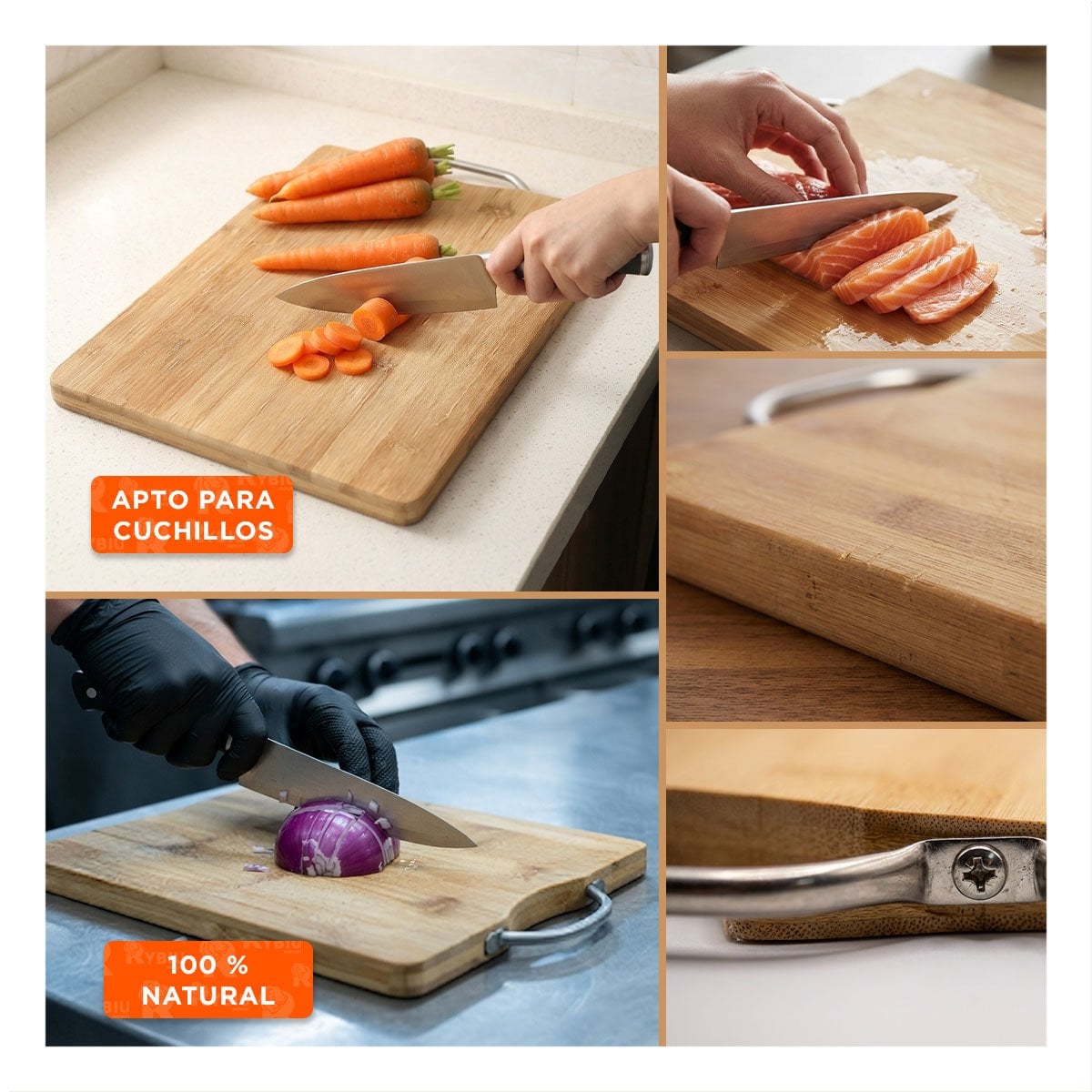 TABLA DE PICAR BAMBU MOSTAZA CON MANGO 34X24X1,8CM PARA COCINA - 5