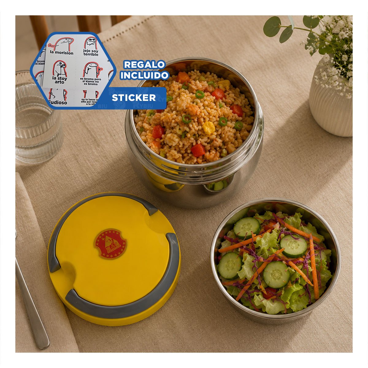 ENVASE PARA TRANSPORTE DE ALMUERZOS 1200ML CON ACABADO COLOR AMARILLO YREGALO STICKER - 1