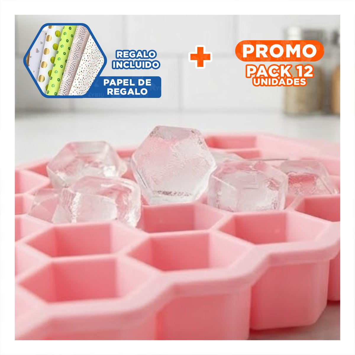 PACK12 BANDEJA PARA PREPARAR HIELO CASERO 20.5X12 CM TIPO PANAL ROSADO YPAPEL REGALO - 1