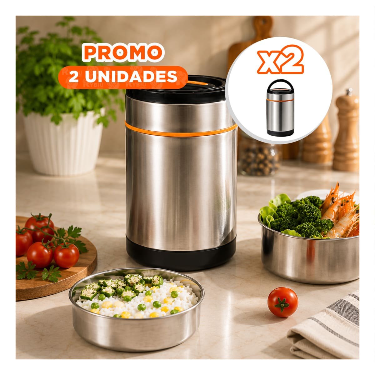 PACK2 CONTENEDOR ISOTERMICO COLOR NARANJA DE 1400ML CON ACABADO PLATEADO YREGALO STICKER - 1