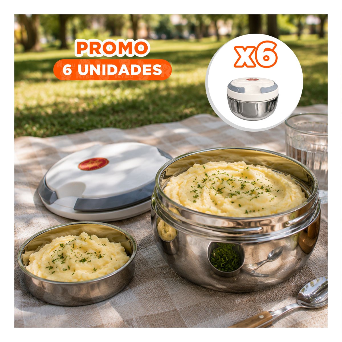 PACK6 RECIPIENTE ISOTERMICO PARA USO COTIDIANO 1200ML CON FORMA CIRCULAR YREGALO STICKER - 1