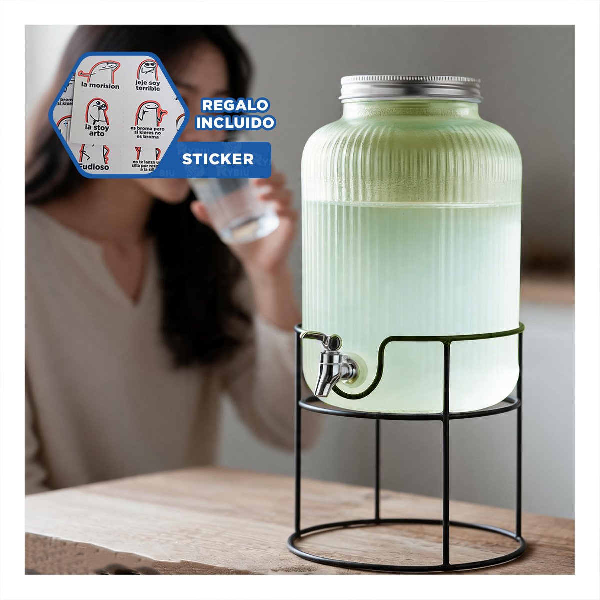 CONTENEDOR CIRCULAR DE 8L PARA BEBIDAS CON BASE METALICA PRACTICA Y REGALO STICKER - 1